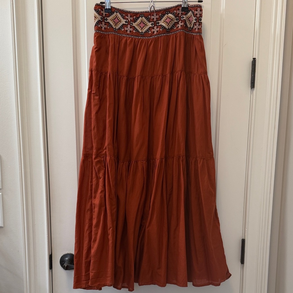 Anthropologie Embroidered Rust Maxi Skirt medium